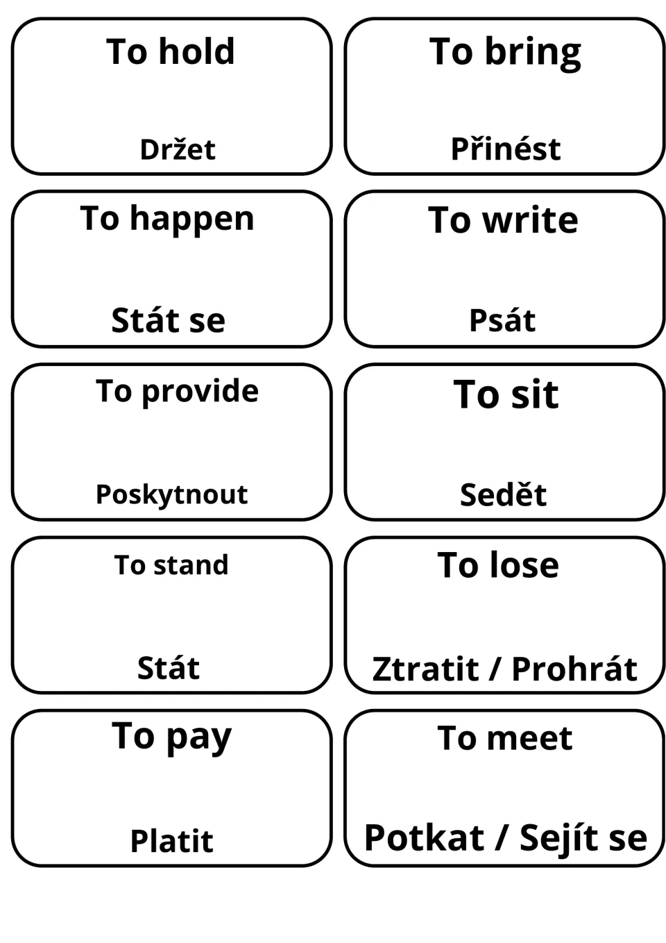 Czech meanings for to hold, to bring, to happen, to write, to provide, to sit, to stand, to lose, to pay, to meet