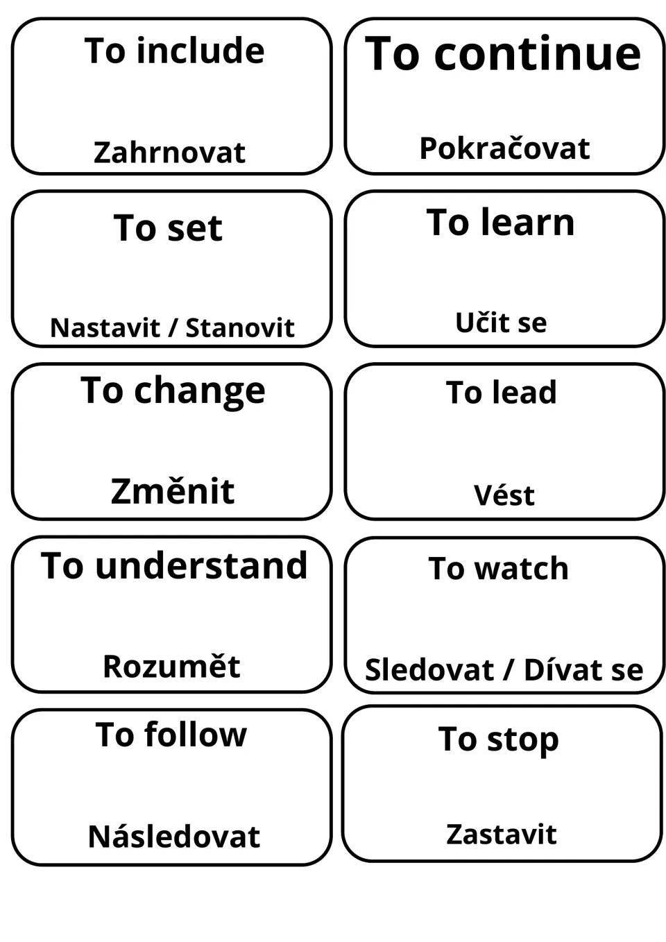 Verb cards with Czech: include, continue, set, learn, change, lead, understand, watch, follow and stop