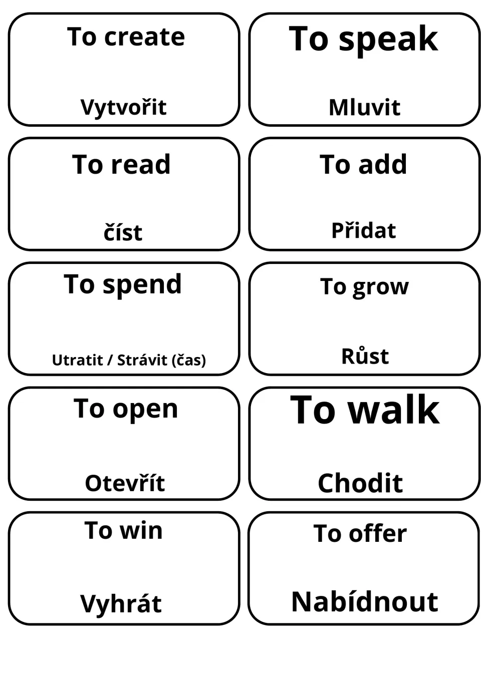 Czech-English cards for to create, to speak, to read, to add, to spend, to grow, to open, to walk, to win and to offer