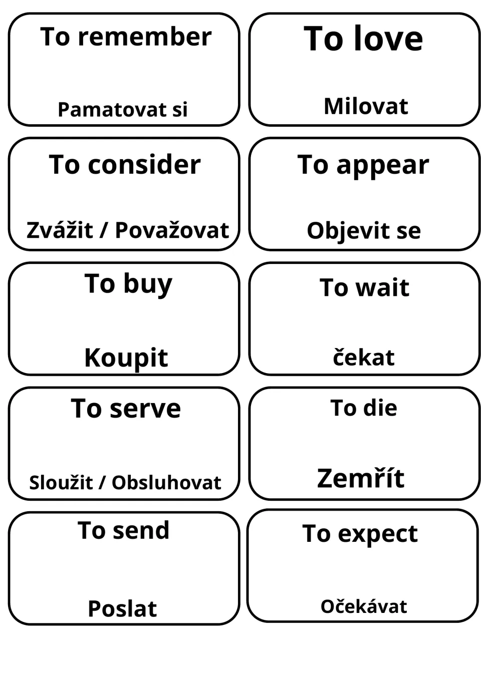 Verb translation cards: remember, love, consider, appear, buy, wait, serve, die, send and expect with Czech words