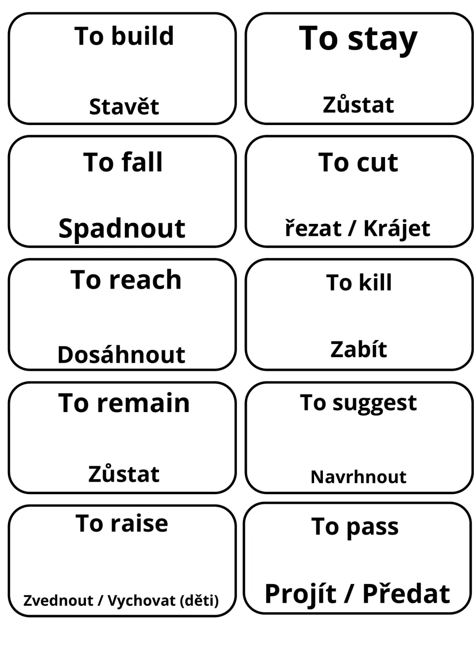 English-Czech cards for to build, to stay, to fall, to cut, to reach, to kill, to remain, to suggest, to raise and to pass