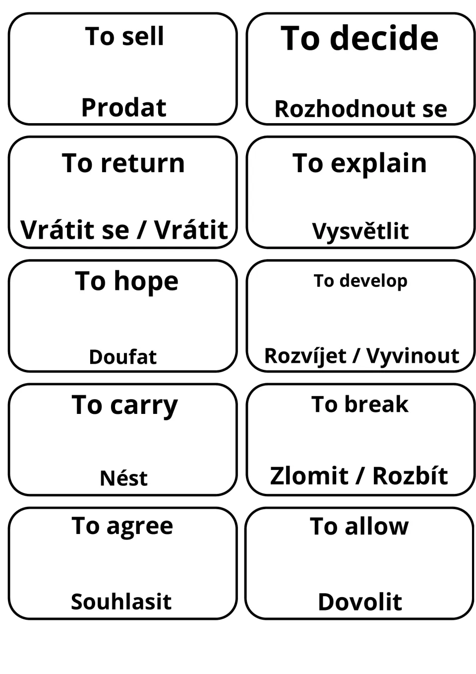 Czech verb cards, last ten: sell, decide, return, explain, hope, develop, carry, break, agree and allow