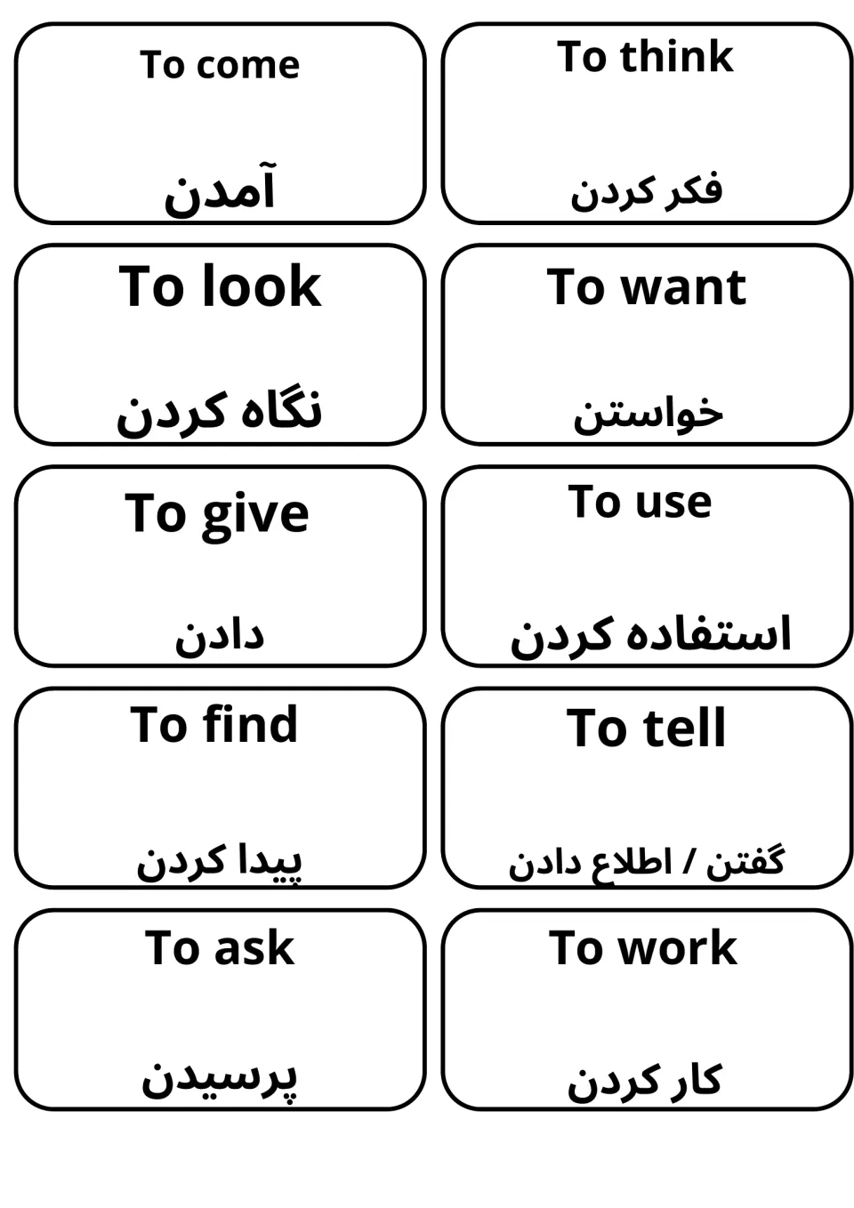 Dari translations of common verbs: cards for to come, to think, to look, to want, to give, to use, to find and to ask