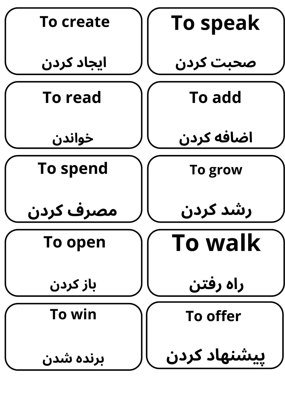 Dari and English verb pairs on 10 cards: to create, to speak, to read, to add, to grow, to open, to walk and to win