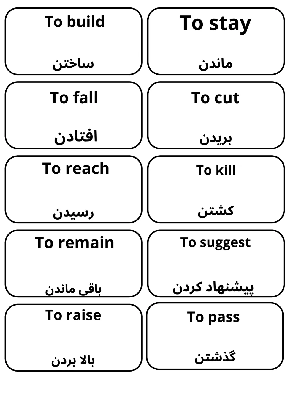 Bilingual cards for to build, to stay, to fall, to cut, to reach, to remain, to suggest, to raise and to pass in Dari