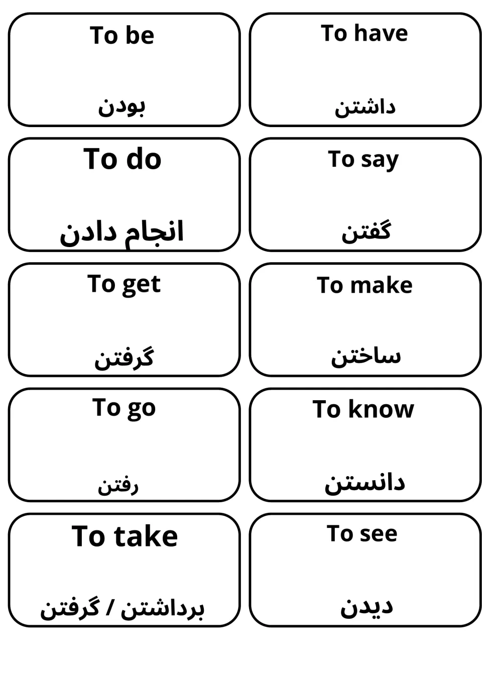 English verbs with Farsi translations: To be, To have, To do, To say, To get, To make, To go, To know, To take, To see