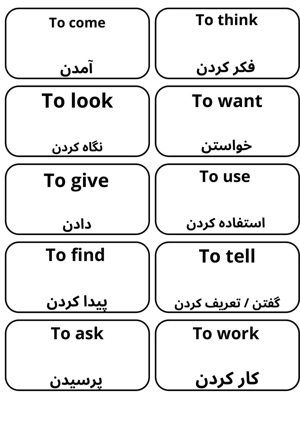 Cards giving the Farsi for To come, To think, To look, To want, To give, To use, To find, To tell, To ask and To work