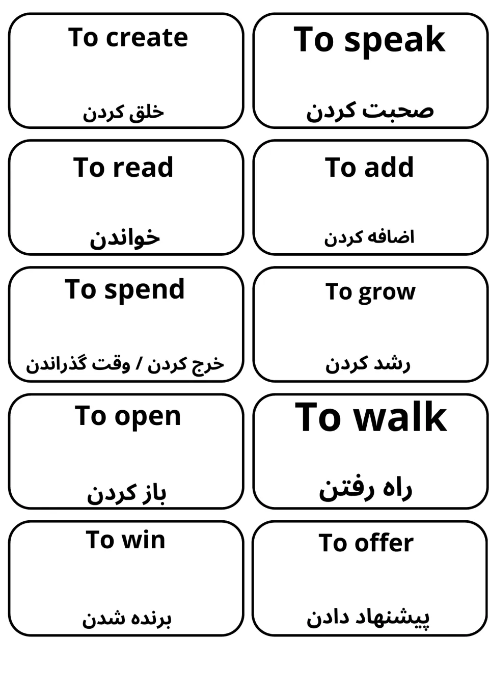 Farsi meanings for To create, To speak, To read, To add, To spend, To grow, To open, To walk, To win and To offer cards