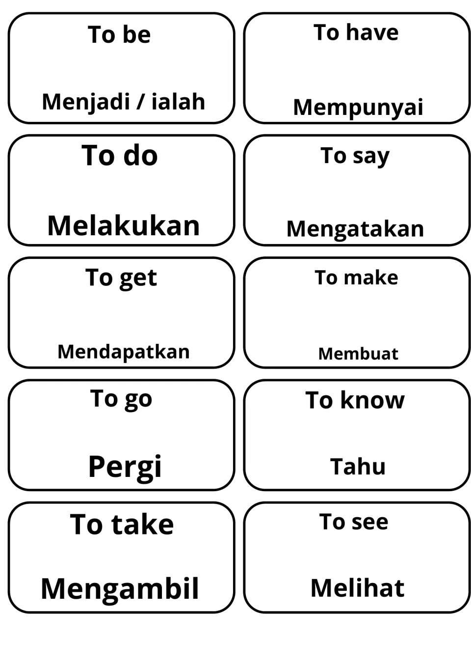 English-Malay verb flashcards: to be, have, do, say, get, make, go, know, take and see, each with its Malay translation