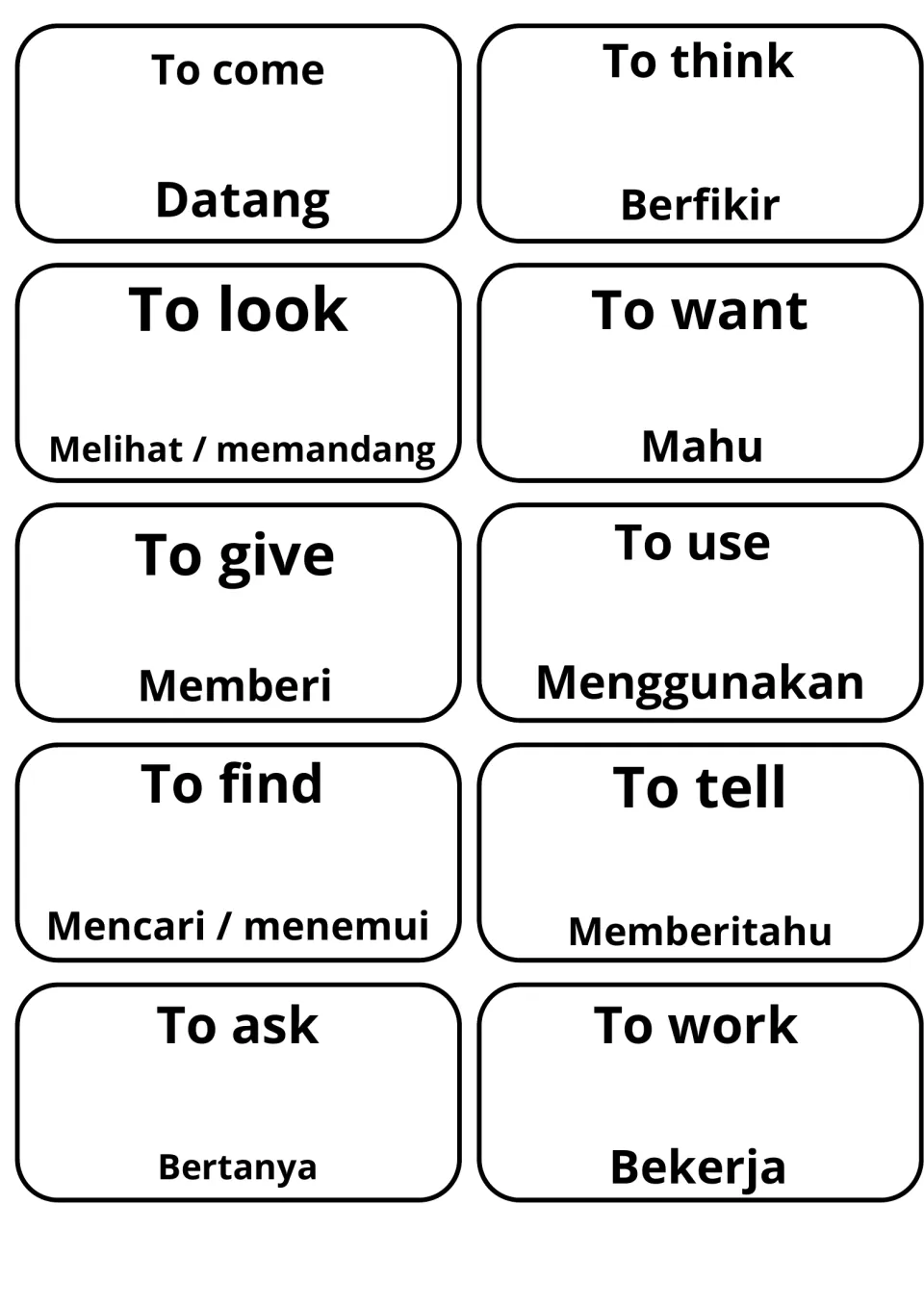 Verb cards in English and Malay: to come, think, look, want, give, use, find, tell, ask and work, e.g. Datang, Berfikir