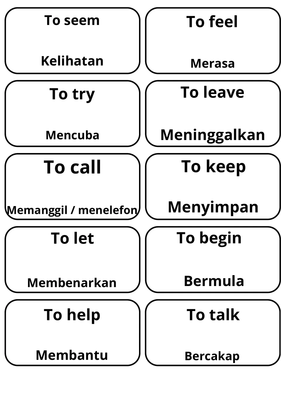 Malay translation cards for to seem, feel, try, leave, call, keep, let, begin, help and talk, such as Mencuba and Membantu