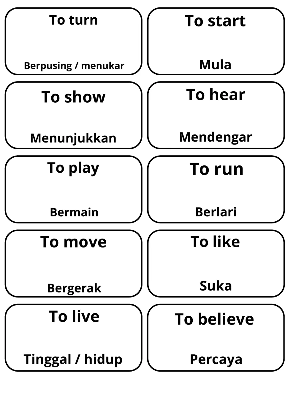 English verbs with Malay meanings: to turn, start, show, hear, play, run, move, like, live and believe, e.g. Berlari