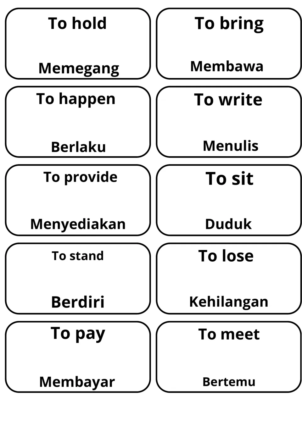 Ten verb flashcards: to hold, bring, happen, write, provide, sit, stand, lose, pay and meet, paired with Malay like Menulis