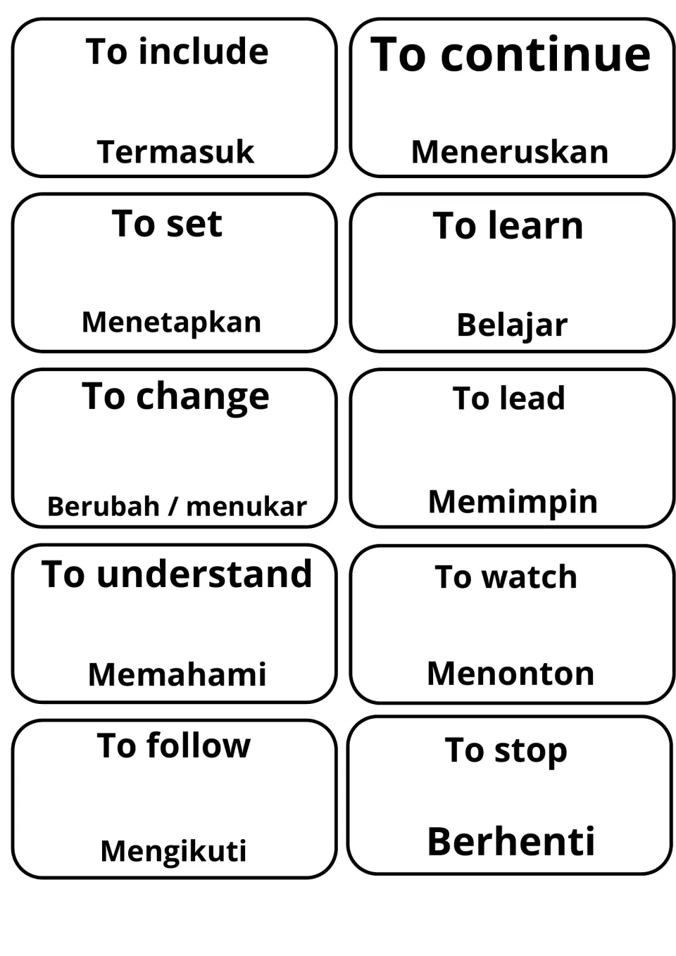 Malay vocabulary cards for to include, continue, set, learn, change, lead, understand, watch, follow and stop, e.g. Belajar