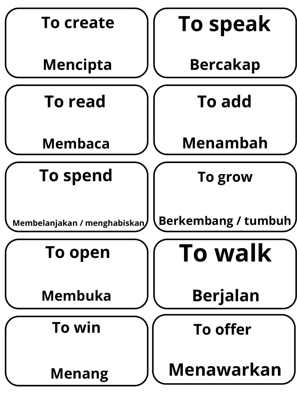 English-Malay cards for to create, speak, read, add, spend, grow, open, walk, win and offer, including Membaca and Berjalan