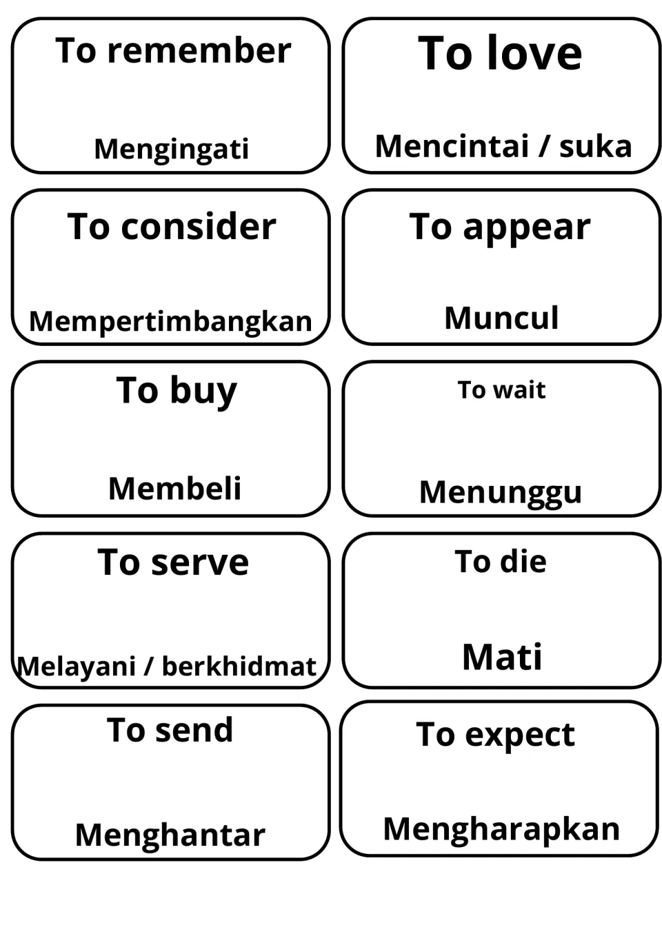 Verb flashcards for to remember, love, consider, appear, buy, wait, serve, die, send and expect with Malay, e.g. Membeli