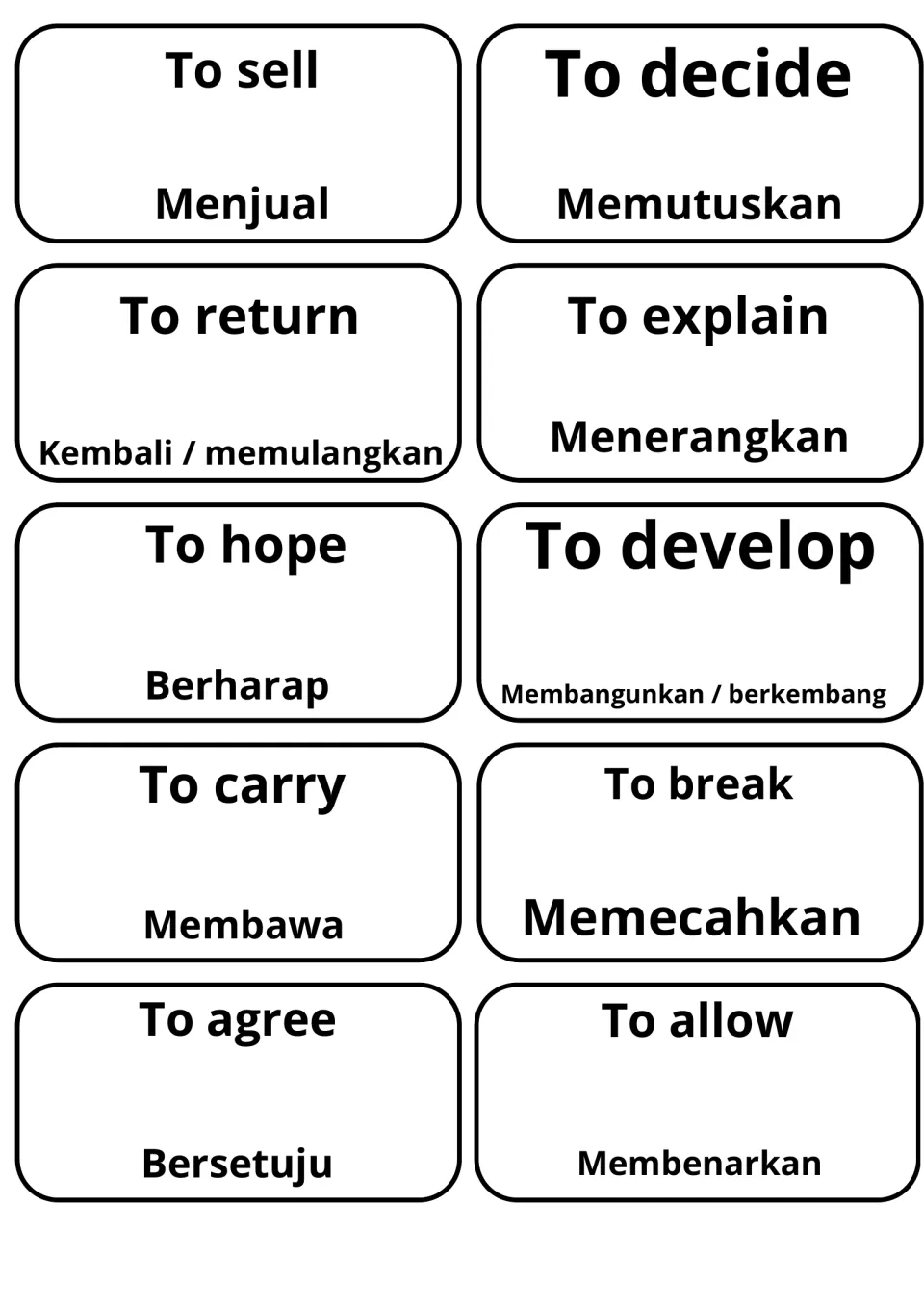 Bilingual verb cards: to sell, decide, return, explain, hope, develop, carry, break, agree and allow, e.g. Menjual