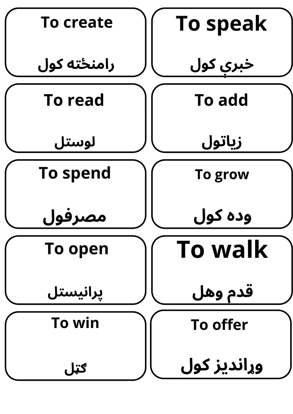 Verb cards for create, speak, read, add, spend, grow, open, walk, win and offer, English on top and Pashto below