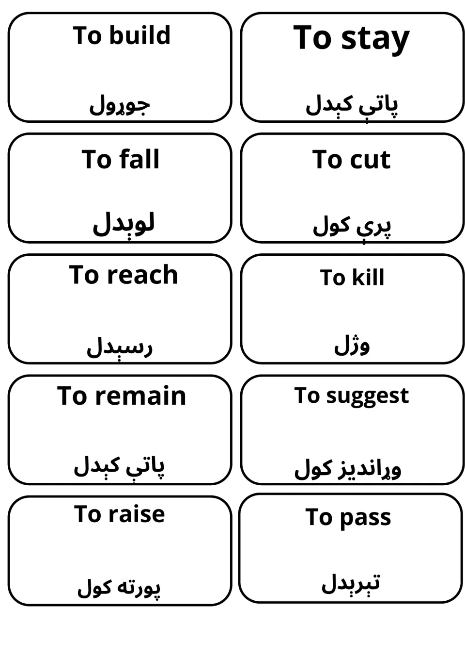 Pashto-English cards for build, stay, fall, cut, reach, kill, remain, suggest, raise and pass to practise verb meanings