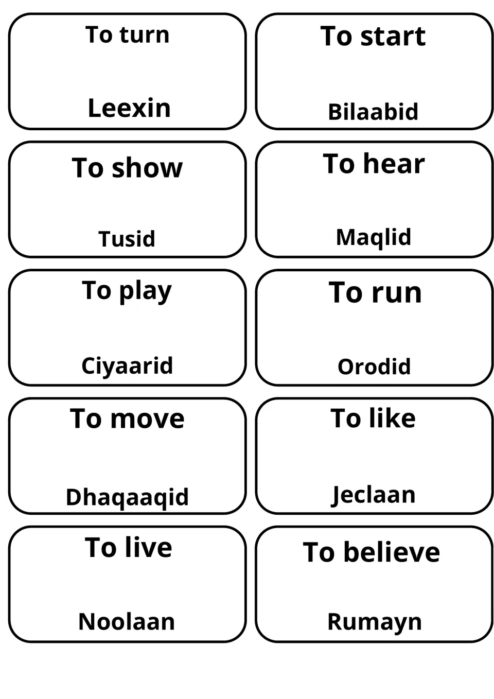 Flashcards for to turn, start, show, hear, play, run, move, like, live and believe with Somali terms such as Leexin