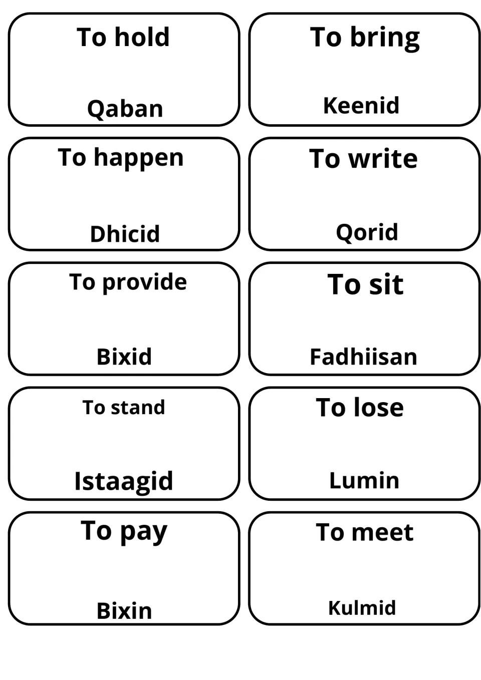 Verbs to hold, bring, happen, write, provide, sit, stand, lose, pay and meet with Somali matches such as Qaban and Kulmid