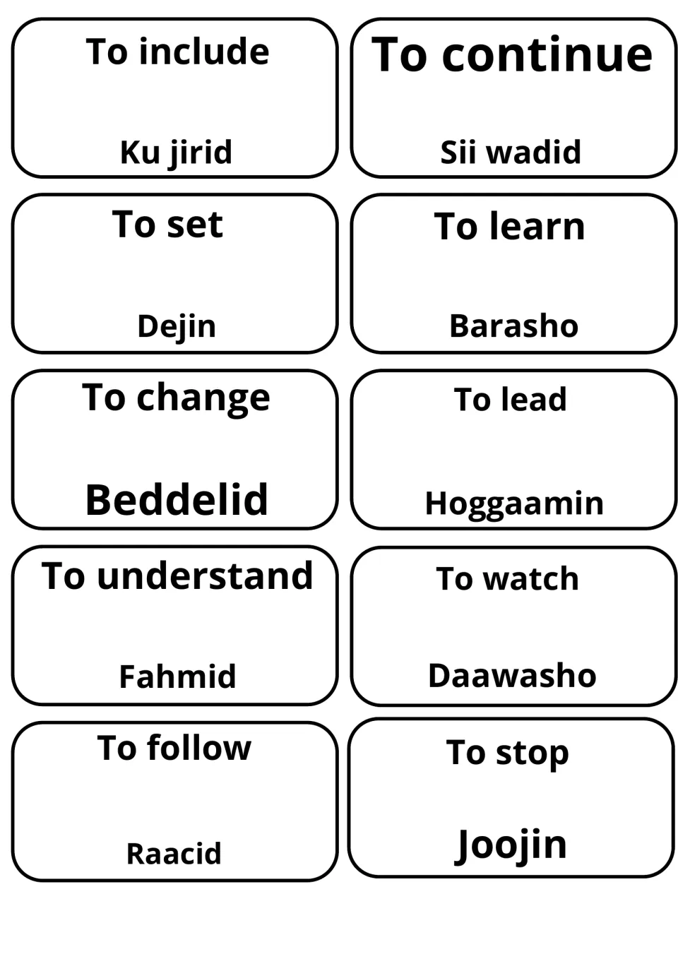 Cards translating to include, continue, set, learn, change, lead, understand, watch, follow and stop into Somali