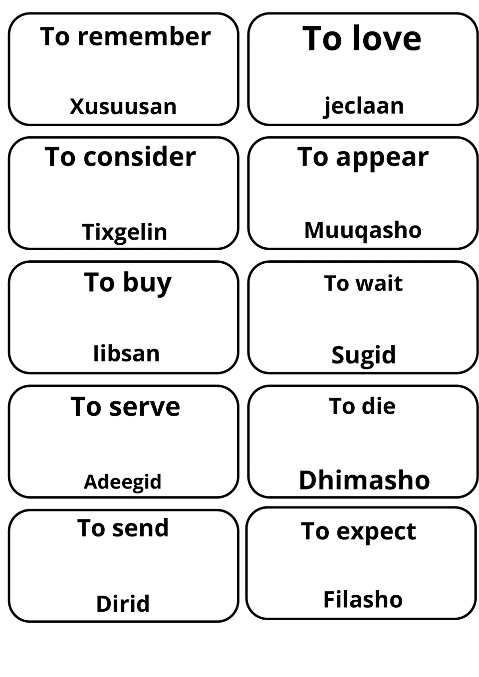 Verb pairs for to remember, love, consider, appear, buy, wait, serve, die, send and expect, like Xusuusan and Iibsan