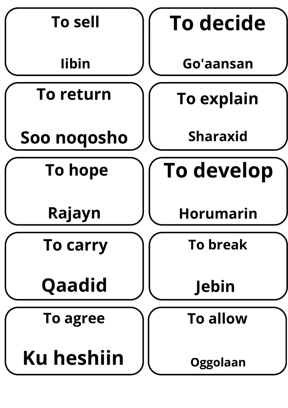 Cards with to sell, decide, return, explain, hope, develop, carry, break, agree and allow with Somali such as Go'aansan