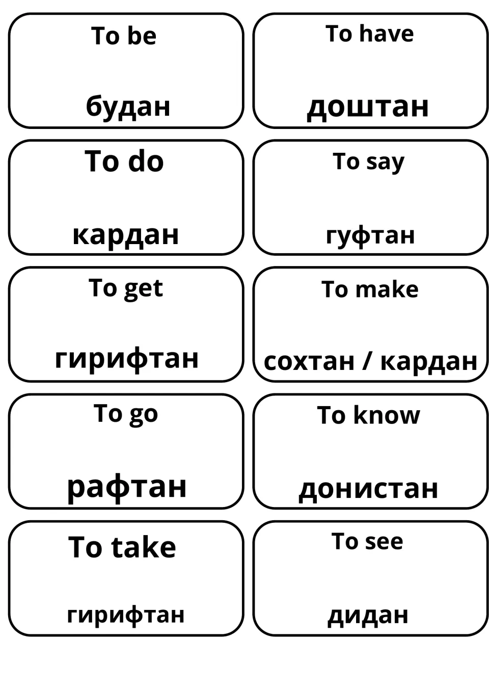 English-Tajik verb flashcards: to be, to have, to do, to say, to get, to make, to go, to know, to take and to see