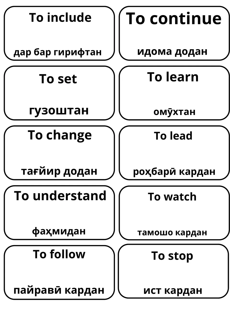 Tajik translations of the verbs to include, continue, set, learn, change, lead, understand, watch, follow and stop