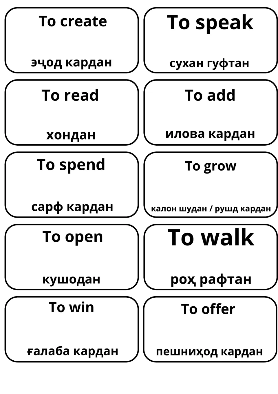 Verb cards matching English to Tajik: to create, speak, read, add, spend, grow, open, walk, win and offer