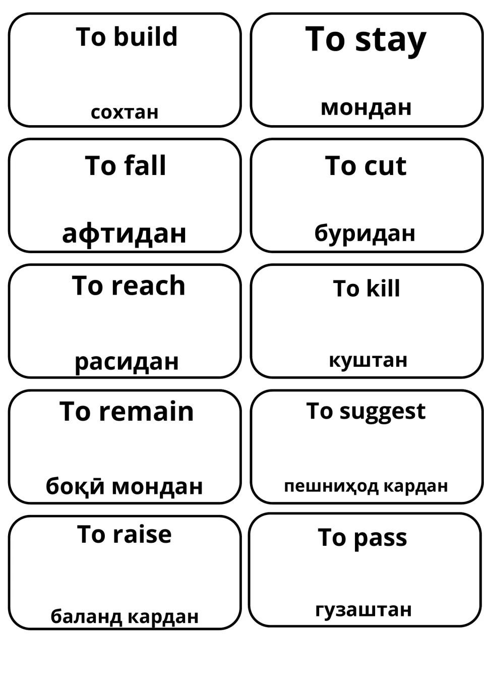 Tajik verb cards for to build, stay, fall, cut, reach, kill, remain, suggest, raise and pass, with English on each