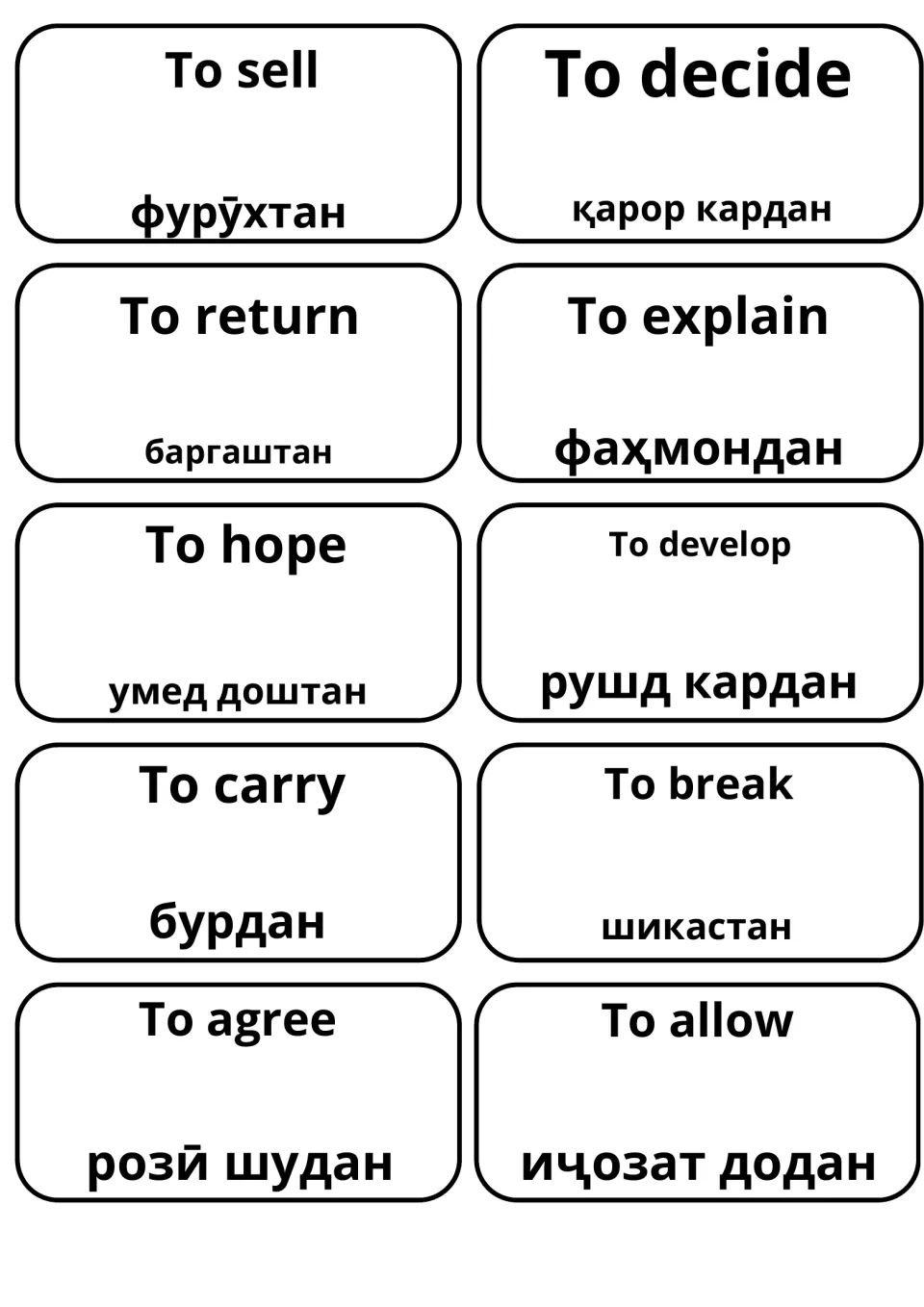 Final verb flashcards in English and Tajik: to sell, decide, return, explain, hope, develop, carry, break, agree, allow