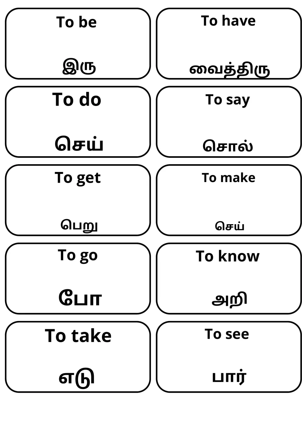 English-Tamil verb flashcards: to be, have, do, say, get, make, go, know, take and see, each with its Tamil word