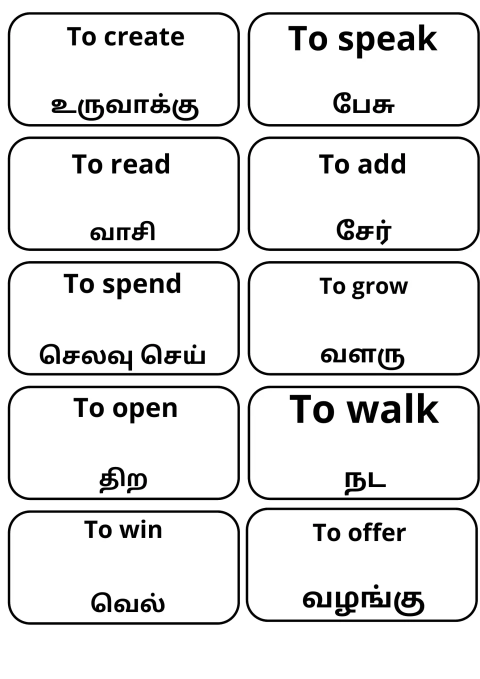 Bilingual verb flashcards: create, speak, read, add, spend, grow, open, walk, win and offer, each with Tamil below