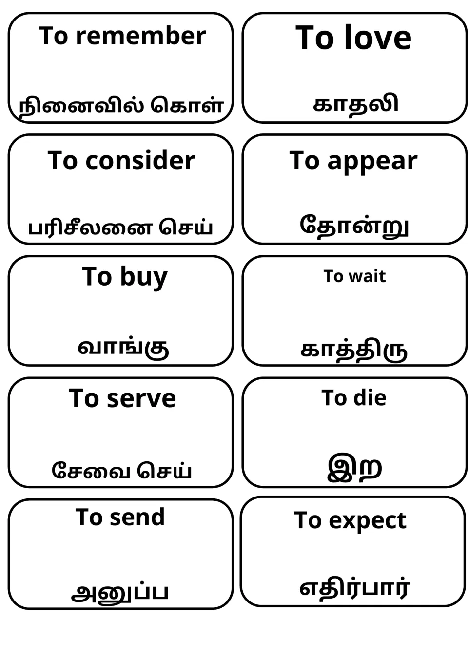 English-to-Tamil cards for remember, love, consider, appear, buy, wait, serve, die, send and expect to study and review