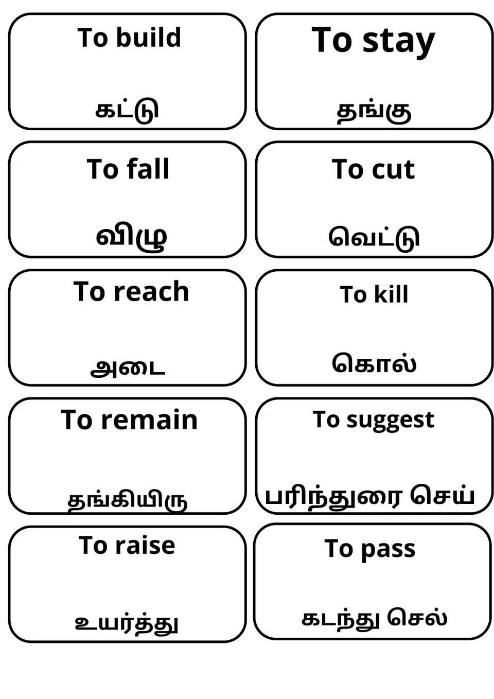 Verb vocabulary cards with Tamil words: build, stay, fall, cut, reach, kill, remain, suggest, raise and pass
