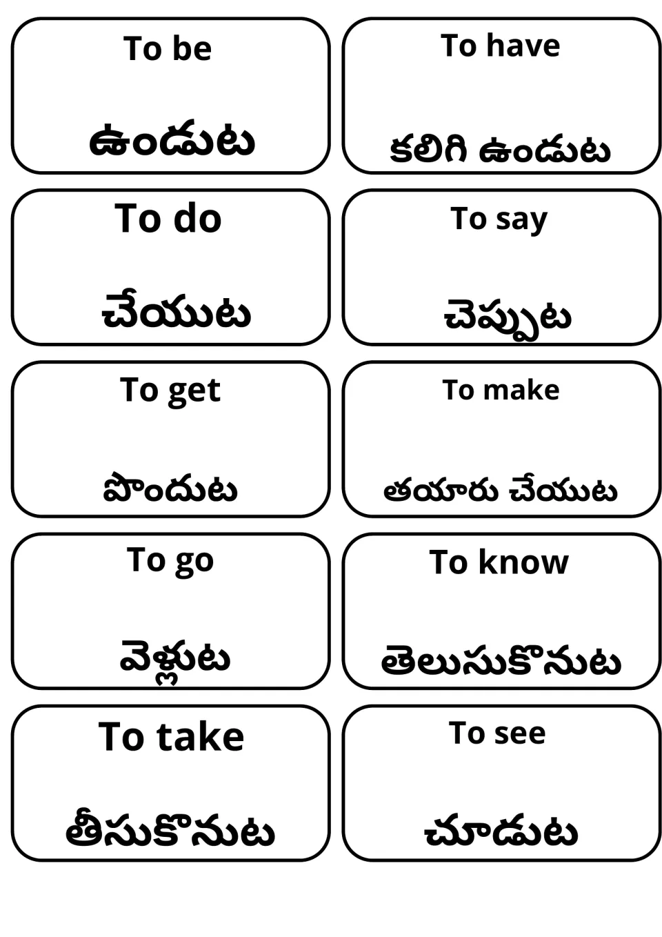 Telugu verb flashcards: to be, have, do, say, get, make, go, know, take and see, each English verb above its Telugu form