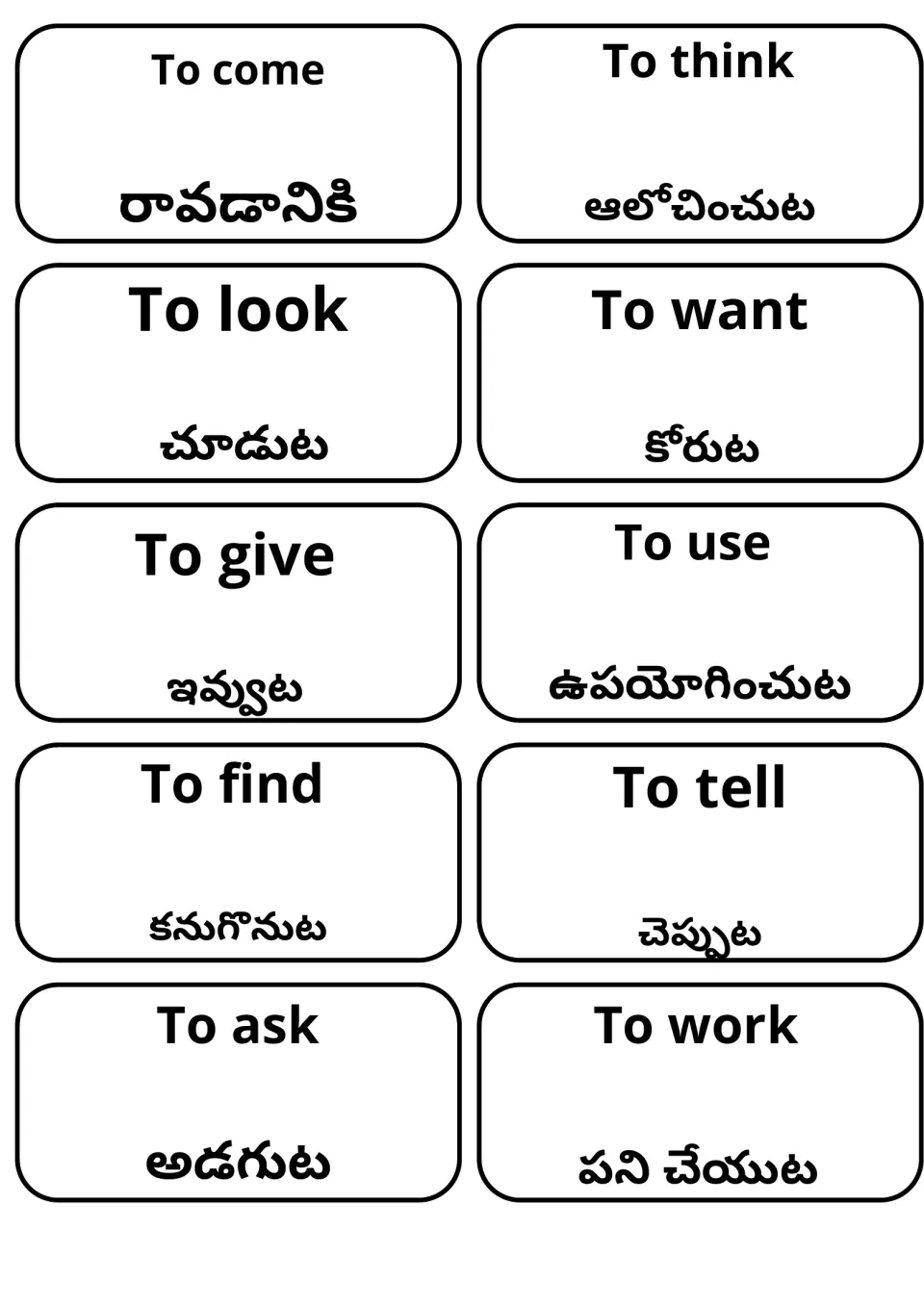 Telugu verb flashcards: to come, think, look, want, give, use, find, tell, ask and work, English printed over Telugu