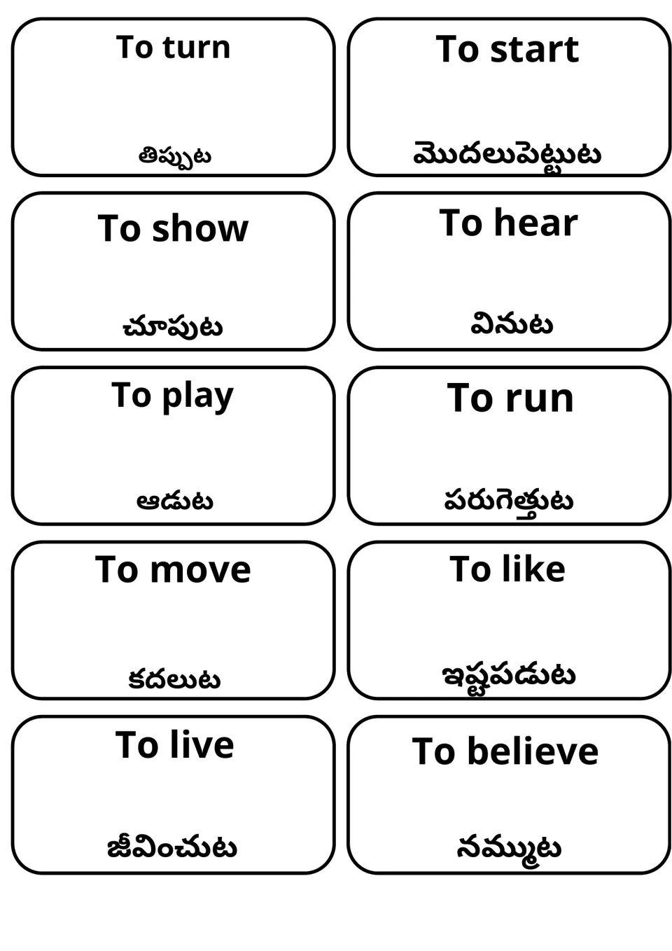 Flashcards pairing English verbs turn, start, show, hear, play, run, move, like, live and believe with Telugu equivalents