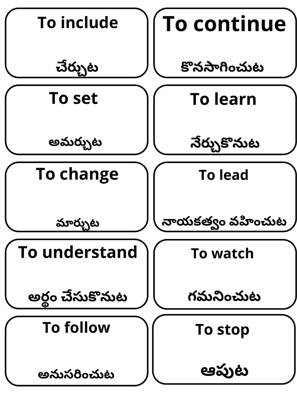 Verb cards for include, continue, set, learn, change, lead, understand, watch, follow and stop with Telugu words below