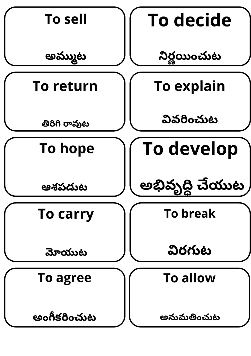 Verb flashcards for sell, decide, return, explain, hope, develop, carry, break, agree and allow, paired with Telugu text