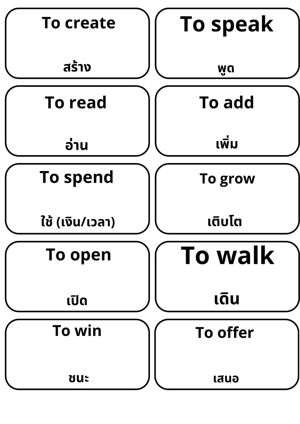 Cards giving Thai for to create, to speak, to read, to add, to spend, to grow, to open, to walk, to win and to offer