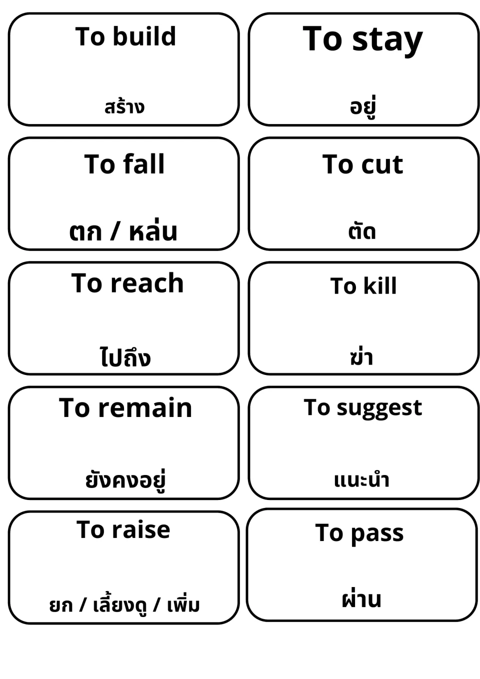 Verbs with Thai glosses: to build, to stay, to fall, to cut, to reach, to kill, to remain, to suggest, to raise, to pass