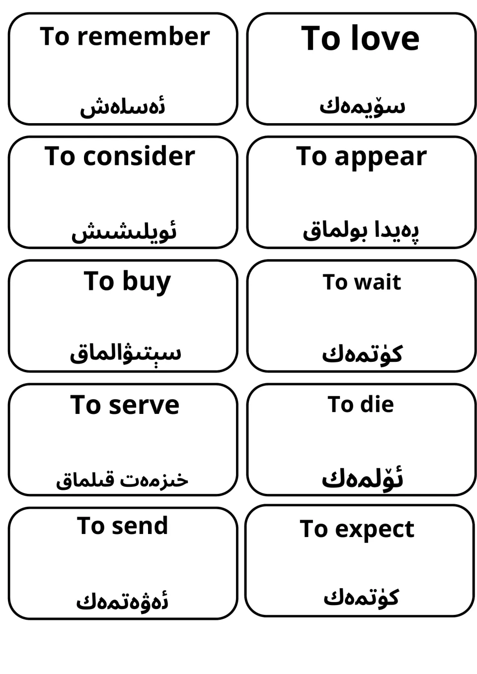Uyghur verb cards for remember, love, consider, appear, buy, wait, serve, die, send and expect, each shown in Uyghur