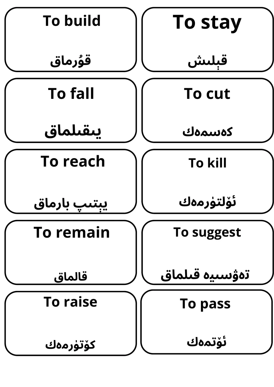 English-to-Uyghur translation cards for verbs build, stay, fall, cut, reach, kill, remain, suggest, raise and pass