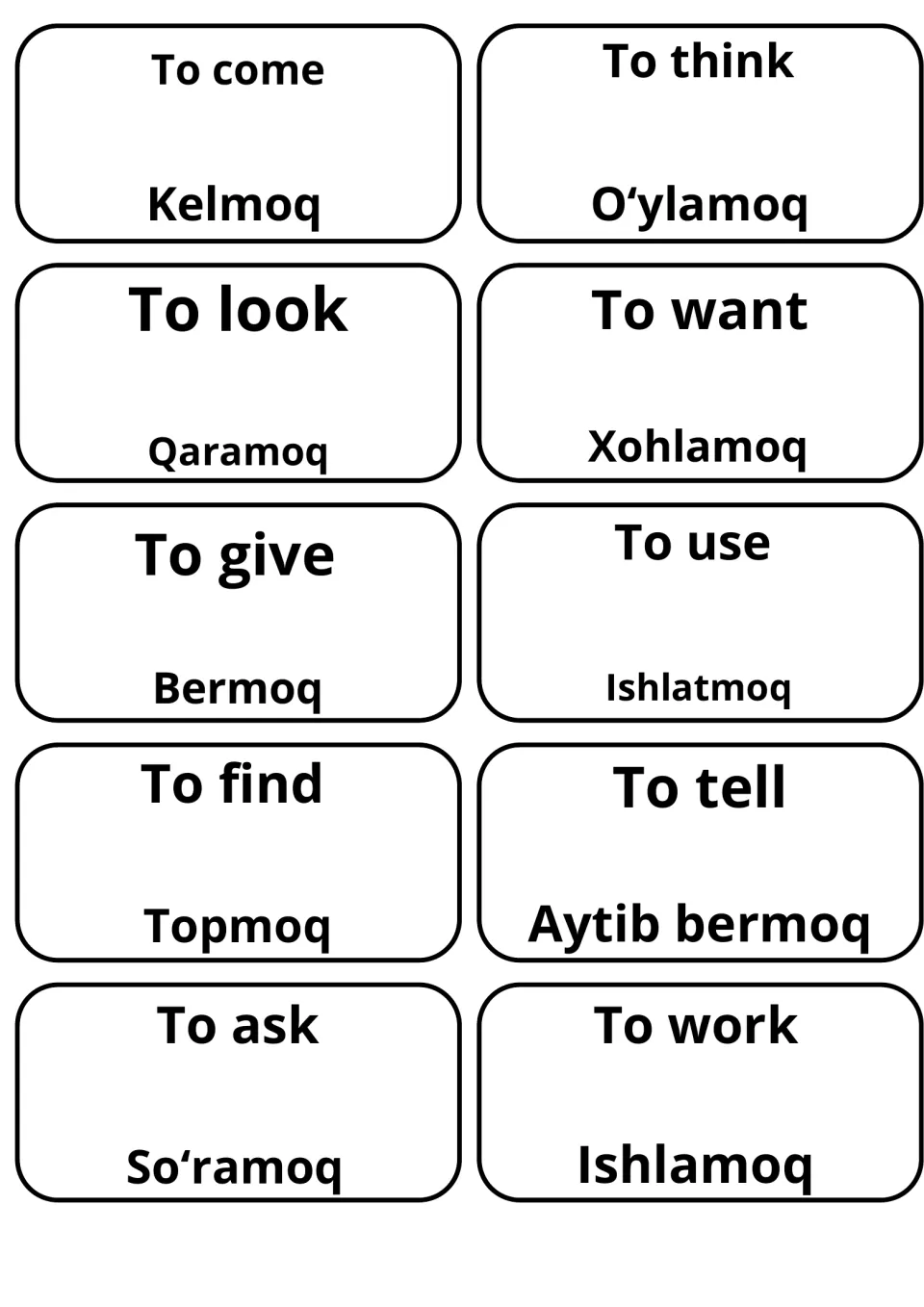 Uzbek verb cards: to come, to think, to look, to want and to ask, each English verb above its Uzbek form, like Kelmoq