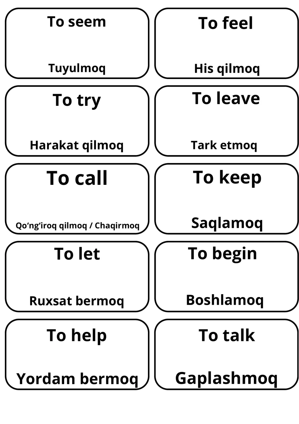 Verb vocabulary cards for to seem, to feel, to try, to call and to help, matched to Uzbek such as Harakat qilmoq
