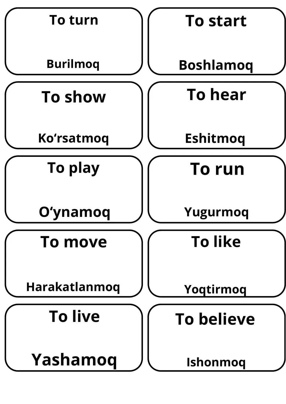 English and Uzbek action verb cards: to turn, to show, to play, to run and to live, e.g. Yugurmoq for to run