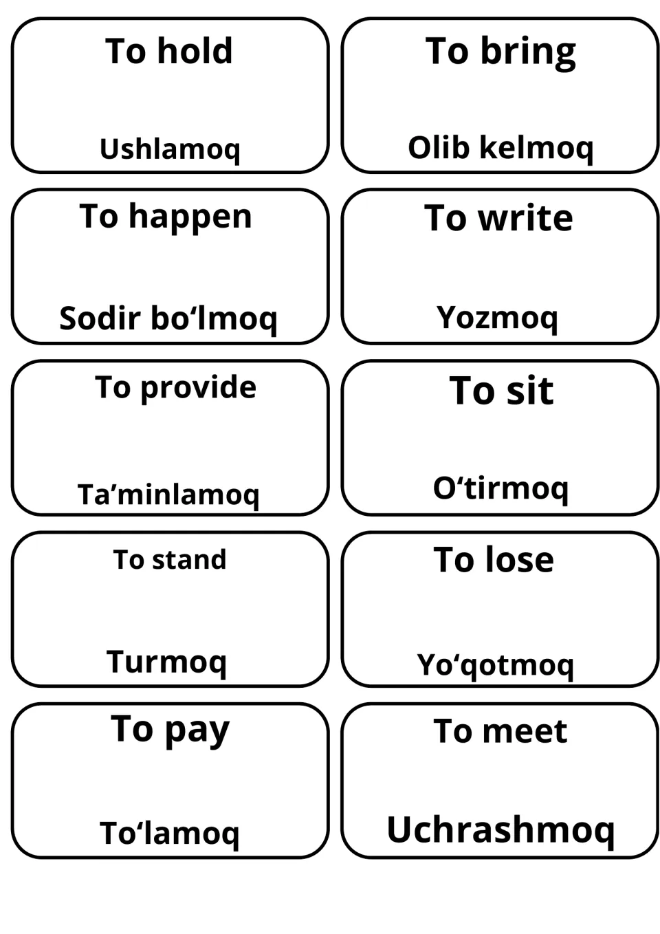 Bilingual verb cards: to hold, to bring, to write, to sit and to pay, each shown with Uzbek words like Yozmoq and To‘lamoq